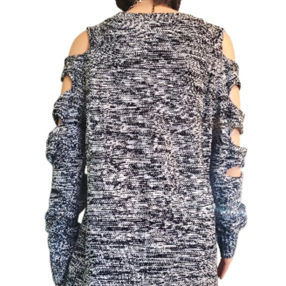 Arizona Sweater Shoulder Cutout Black Gray Lines & Shades - Stylish Women Size L - Picture 4 of 6